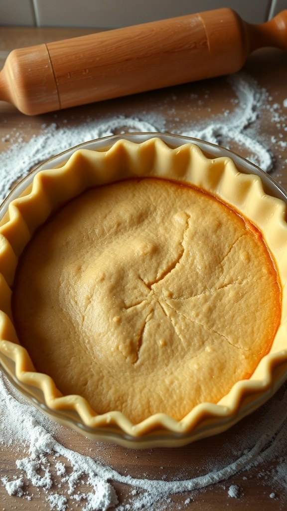 A golden brown pumpkin pie crust in a ceramic dish, with a rustic kitchen background.